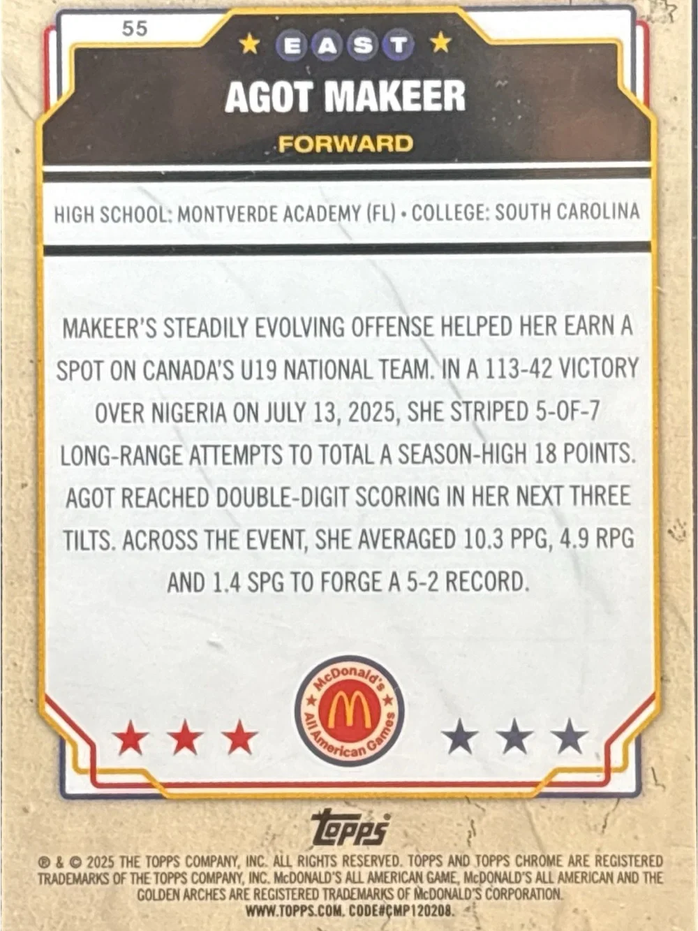 Topps McDonald's All-American Agot Makeer Trading Card - Red Refractor